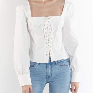 Long Puff Sleeve Lace Up Detail Top